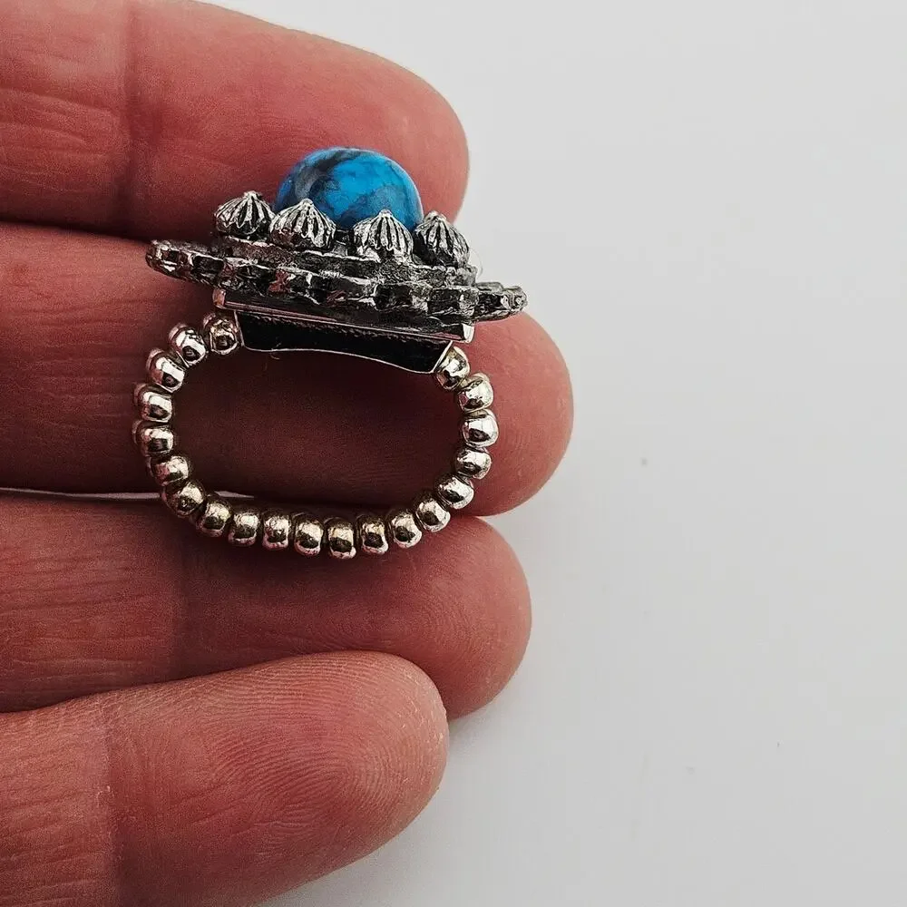 Silver Tone Boho Medallion Stretch Ring Turquoise Blue Tone Center Western Artsy